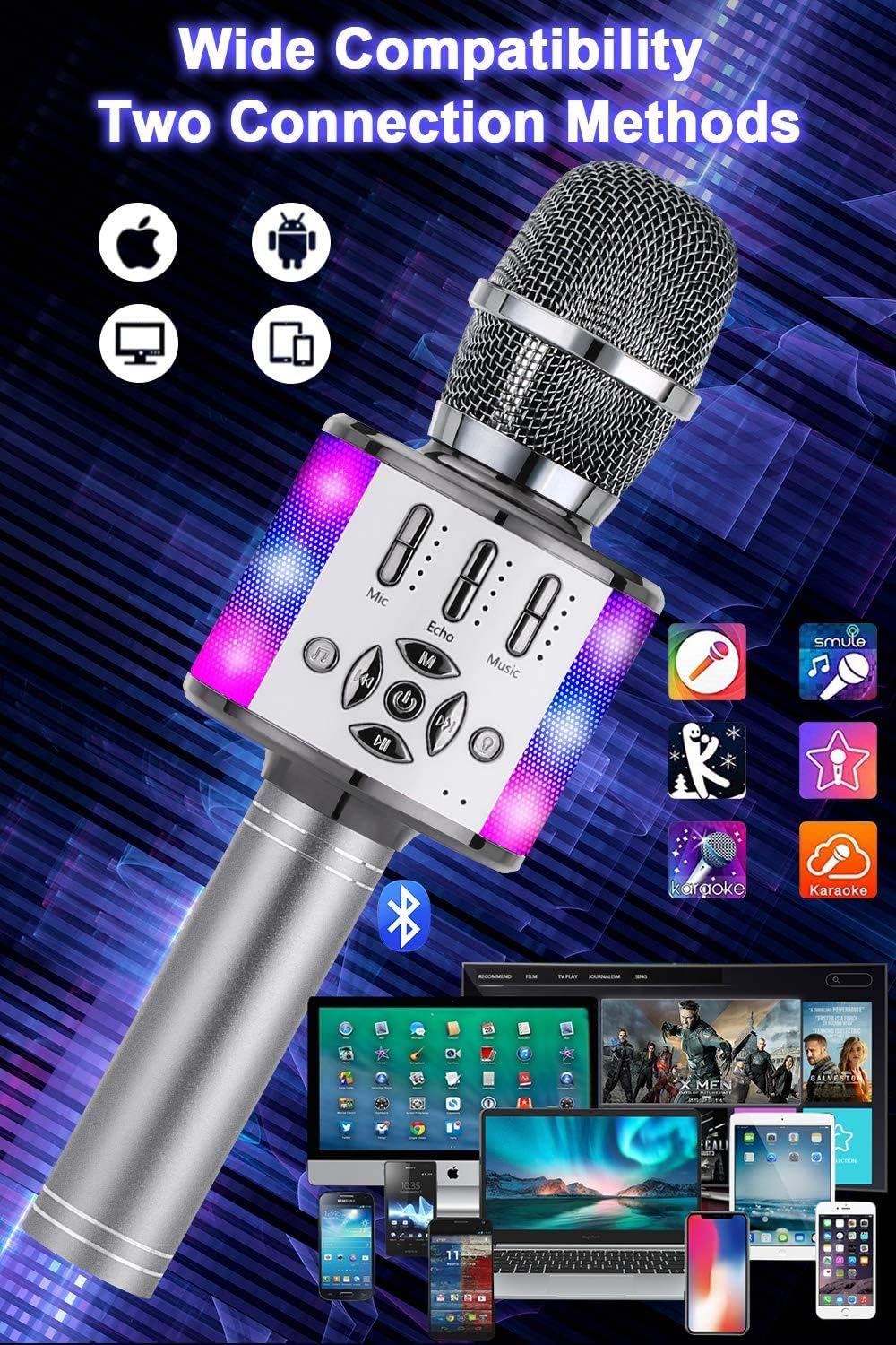 Karaoke Mikrofon mit Echo Effekt, BONAOK Mikro Kinder Karaoke, Home KTV Sing Microphone mit LED Lich