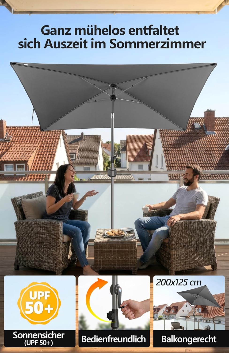 4smile SunnyShade Sonnenschirm Balkon Modern mit Schutzhülle, Anthrazit, Sonnenschirm rechteckig 200