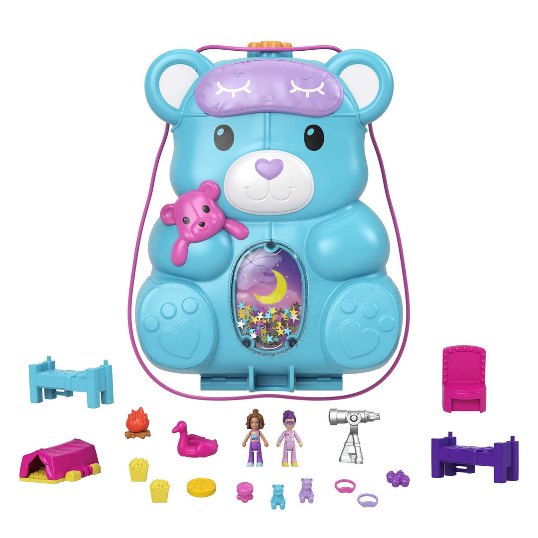 Polly Pocket HGC39 - Teddy Bär Handtaschen-Spielset, Ãœbernachtungsthema Mit 2 Micro Puppen Und 16 A
