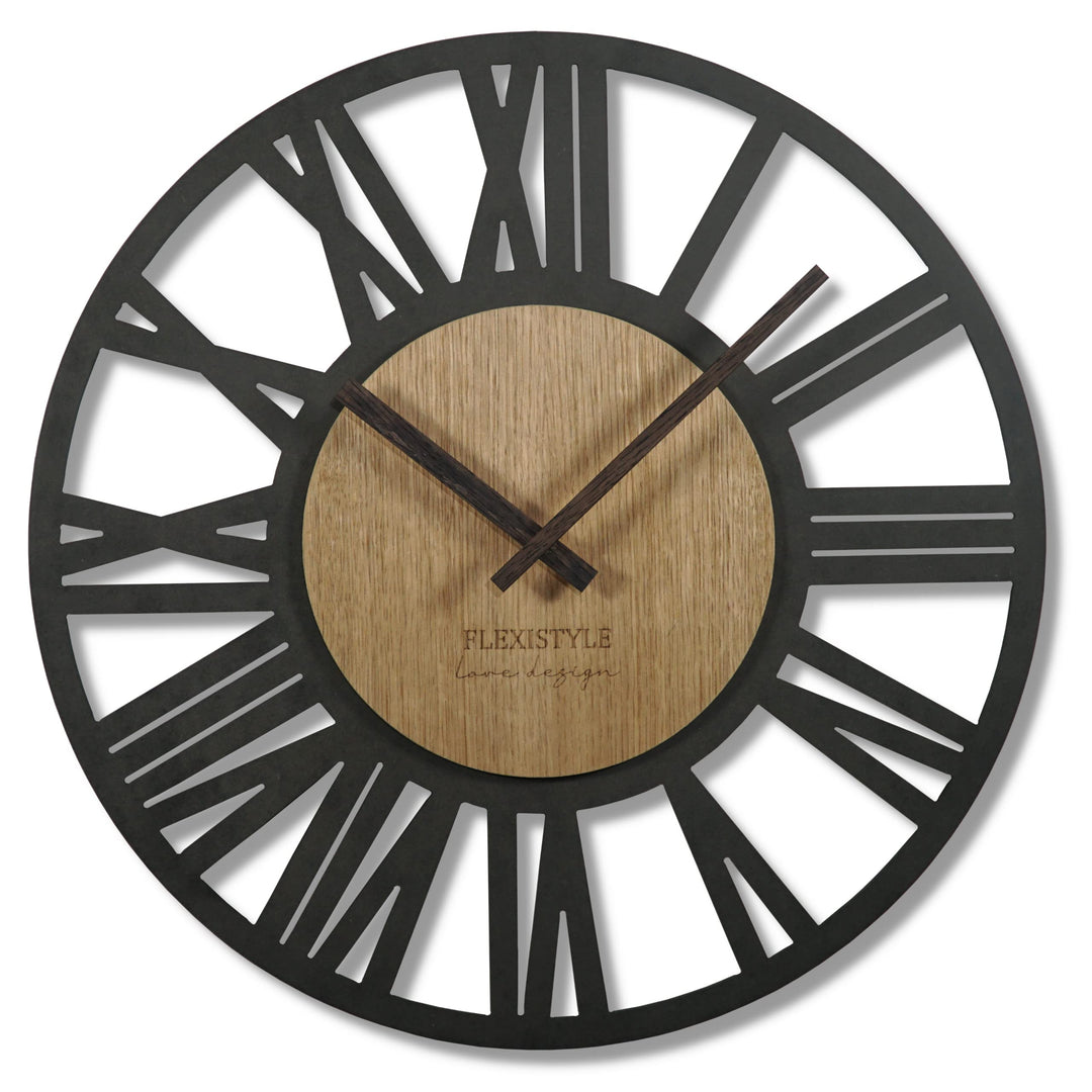 FLEXISTYLE Wanduhr gross Adulto 50cm Durchmesser LOFT Retro aus Holz Eiche ohne tickgeräusche Wohnzi