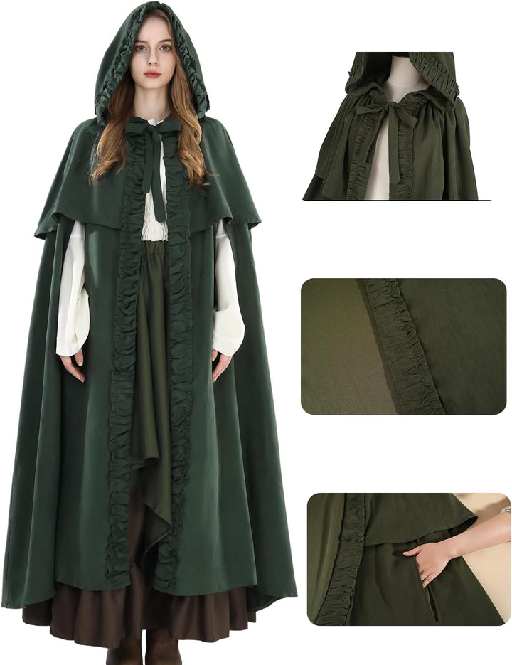 Fiamll Mittelalter Umhang Damen Kapuze Mantel mit Manschette Einfarbige Trenchcoat Renaissance Vampi
