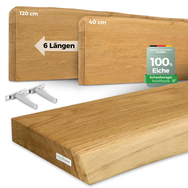 holz4home® Wandregal mit Baumkante 120 cm Länge, Natur Geölt I Schweberegal Massivholz mit unsichtba