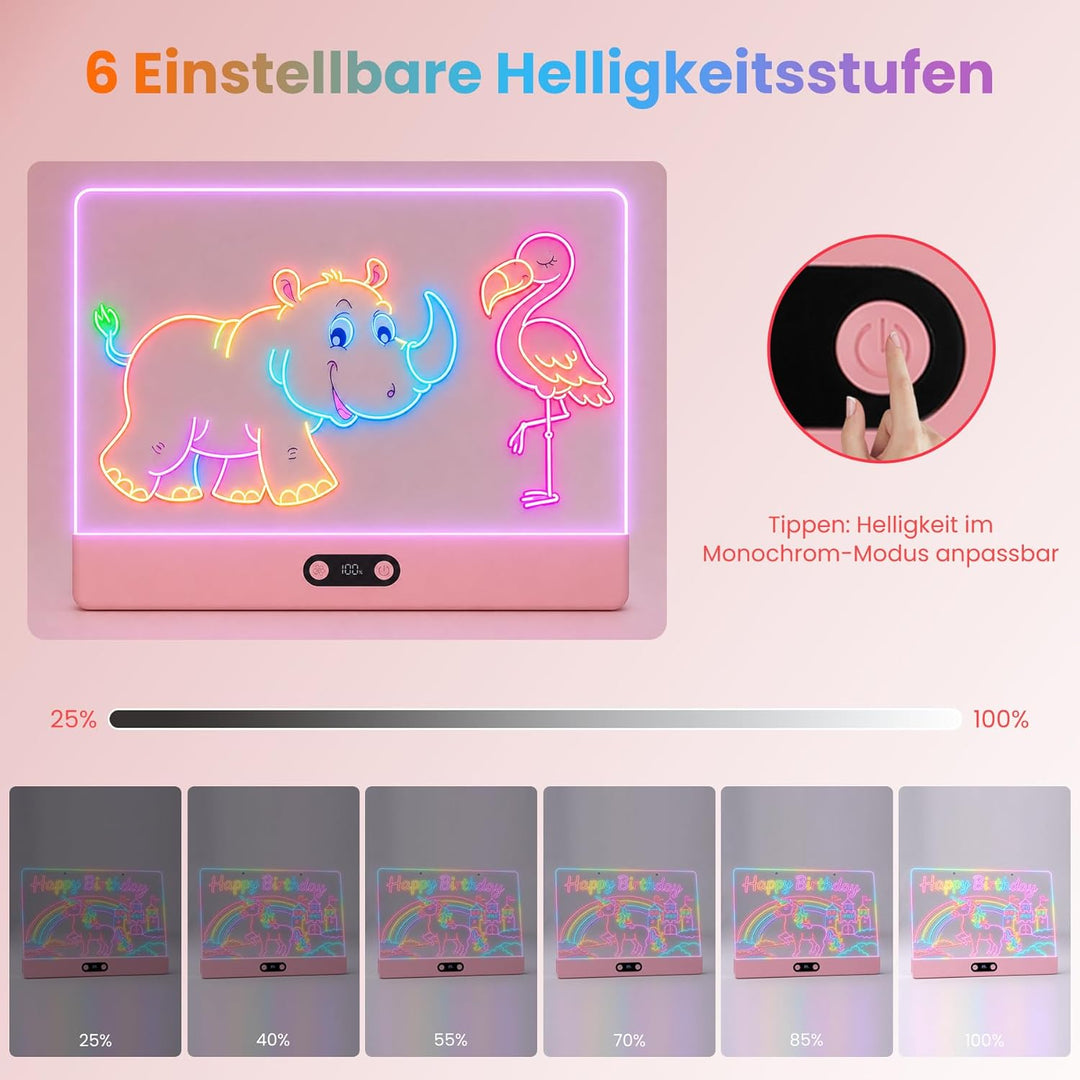 sylvwin LED Zeichenbrett Kinder – 2 Stück Neon Leuchtboard 35×26cm, 8 Farben & 3 Lichtmodi, LED Malt