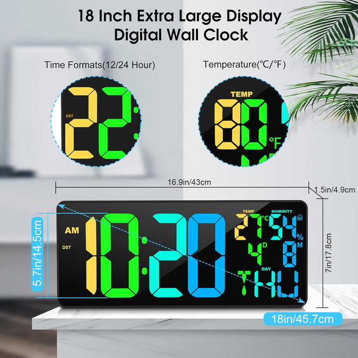 XREXS 18" Wanduhr Digitale Gross [RGB], Digitale Wanduhr mit 10 Farben, Fernsteuerung, Helligkeit/La