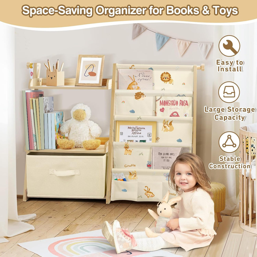Bücherregal Kinder Kinderzimmer Spielzeug Aufbewahrung mit 4 Regalebenen & Aufbewahrungsbox, Kinderr