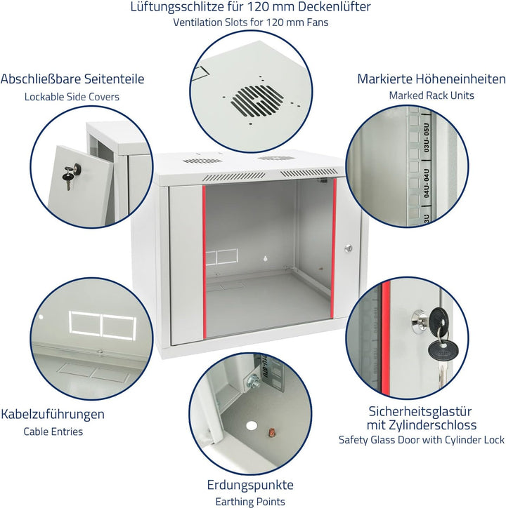 HMF 66409-07 Netzwerkschrank, Serverschrank 19 Zoll | 9 HE | 450 mm Tiefe | Voll montiert | Glastür
