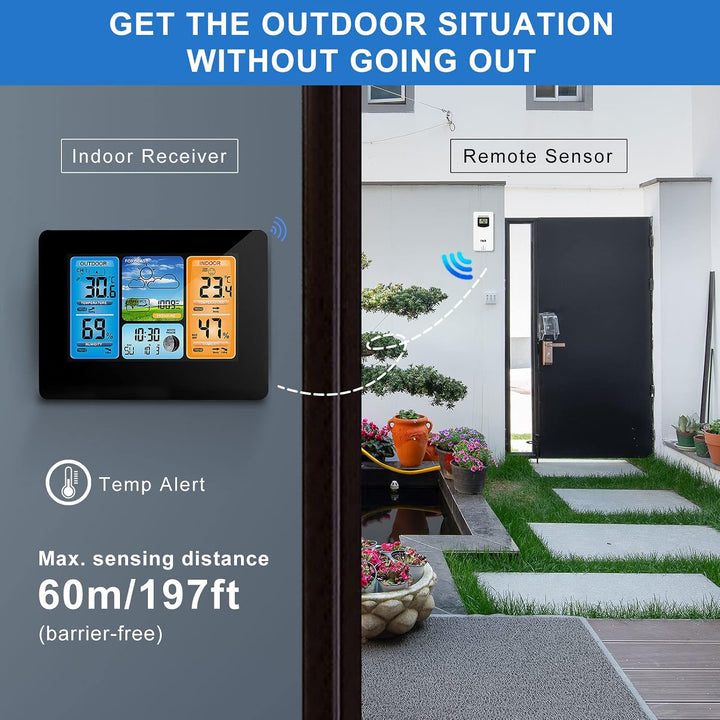 ONEVER Wetterstation, kabellos, digital, Farbvorhersage, mit Alarm und Temperatur/Feuchtigkeit/Barom