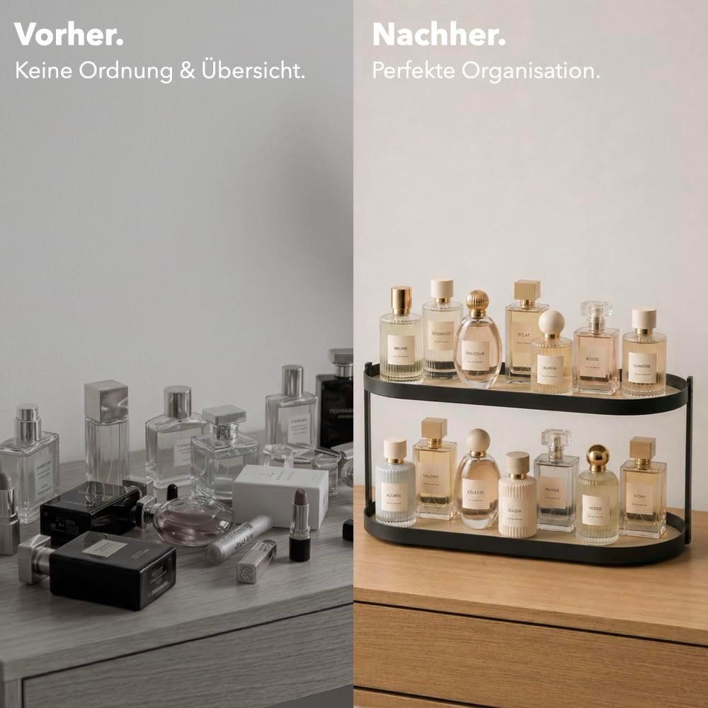 Montagefreier Parfüm Organizer aus Metall &amp; Kunstleder – Grosser Kosmetik Organizer mit zwei Ebenen,
