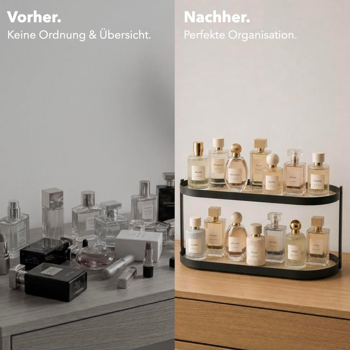 Montagefreier Parfüm Organizer aus Metall &amp; Kunstleder – Grosser Kosmetik Organizer mit zwei Ebenen,