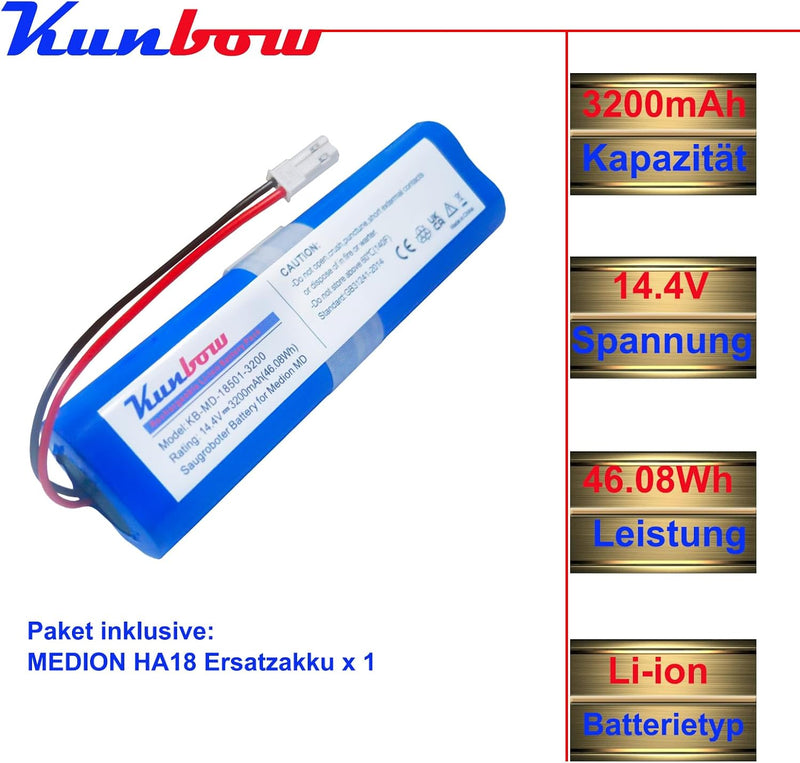 Kunbow 3200mAh Li-ion Akku,Ersatzakku für Medion MD 18500, MD 18501, MD 18600 Staubsauger.(14,4V/46.