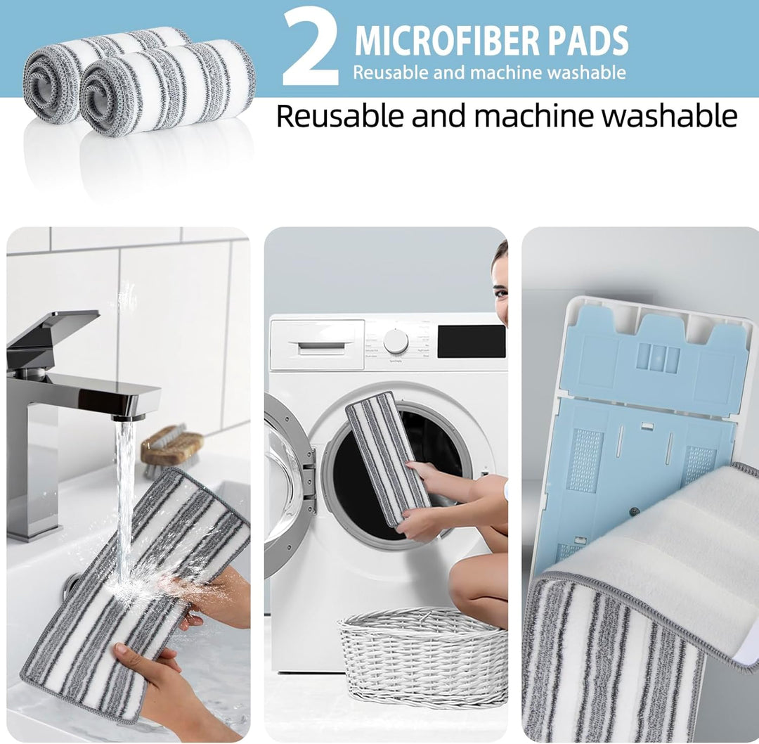 Wischmopp und Eimer Set mit Auswringer - Freihändiger Flacher Bodenwischer, 2 waschbare Mikrofaser P