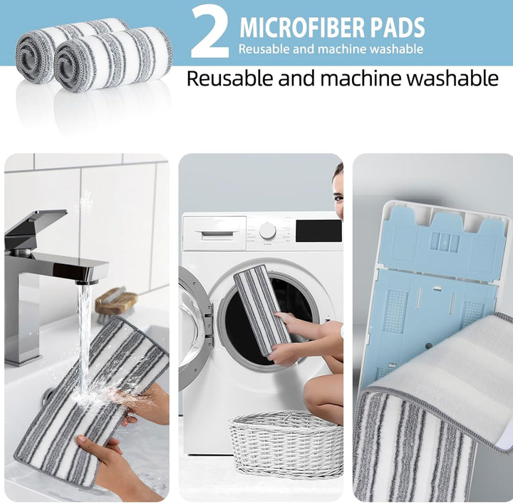 Wischmopp und Eimer Set mit Auswringer - Freihändiger Flacher Bodenwischer, 2 waschbare Mikrofaser P