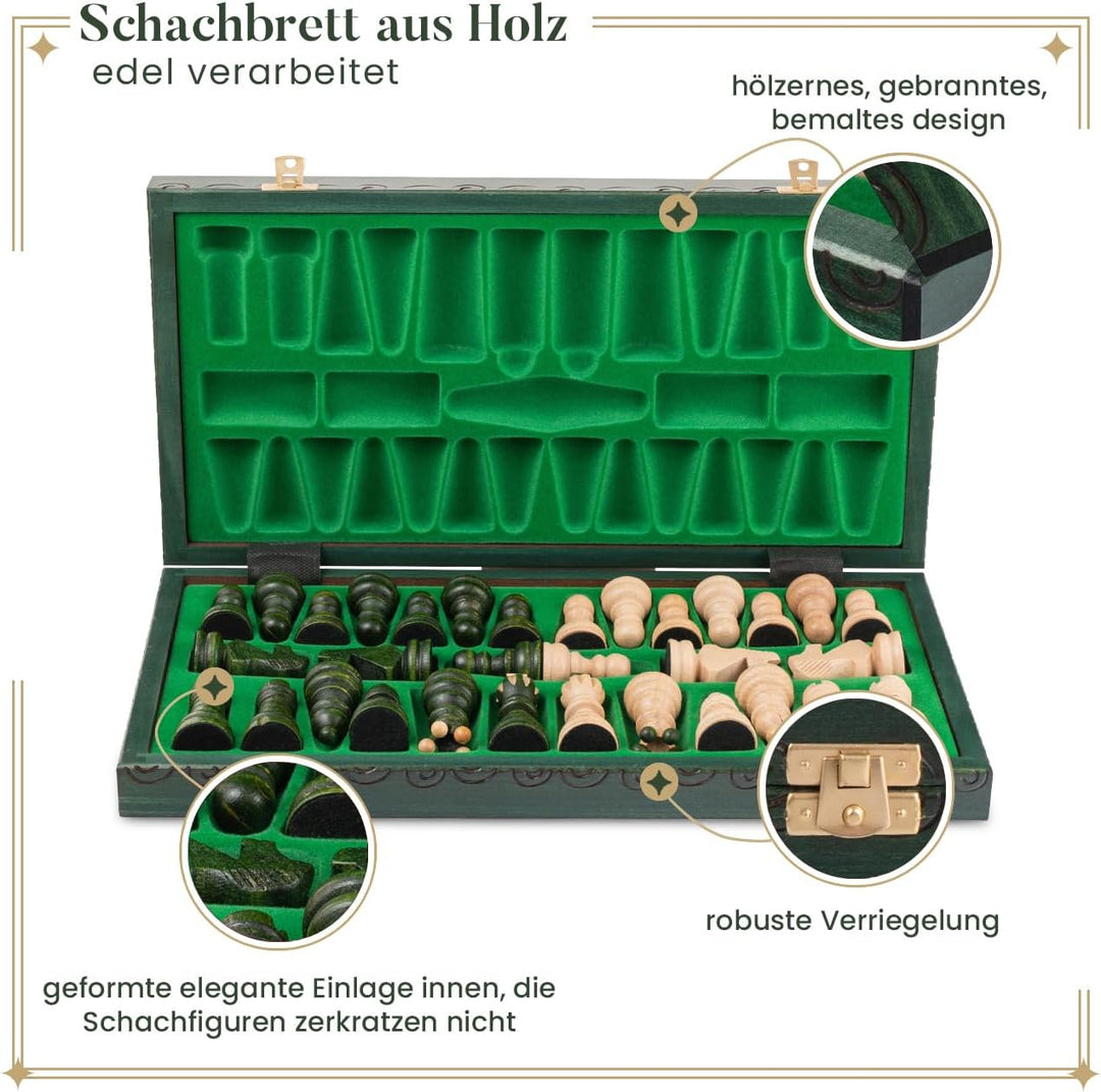 Handgefertigt Schachbrett Holz Klappbar | Master of Chess Schachspiel Holz Grüne | Chess Set 42cm |