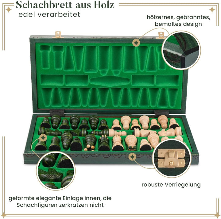 Handgefertigt Schachbrett Holz Klappbar | Master of Chess Schachspiel Holz Grüne | Chess Set 42cm |