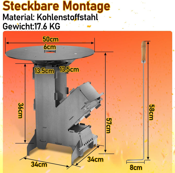 Fiqops Raketenofen Rocket Stove mit Grillplatte –Tragbarer Camping Holzofen mit Feuerhaken & Aschefa