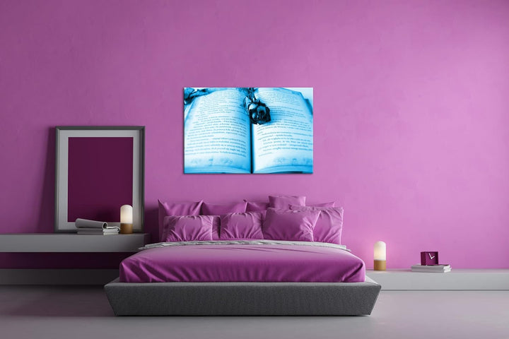 deyoli altes Buch mit roter Rose Format 80x60 Effekt: Monocrome Blau als Leinwandbild, Motiv fertig
