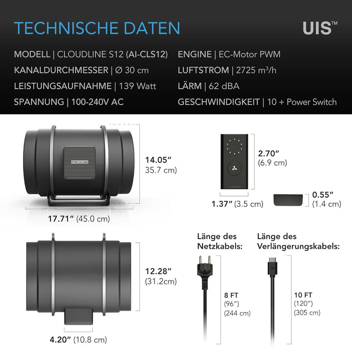 AC Infinity CLOUDLINE PRO S12 – Leises Inline-Lüftersystem 300 mm mit Drehzahlregler, EC-Motor, für