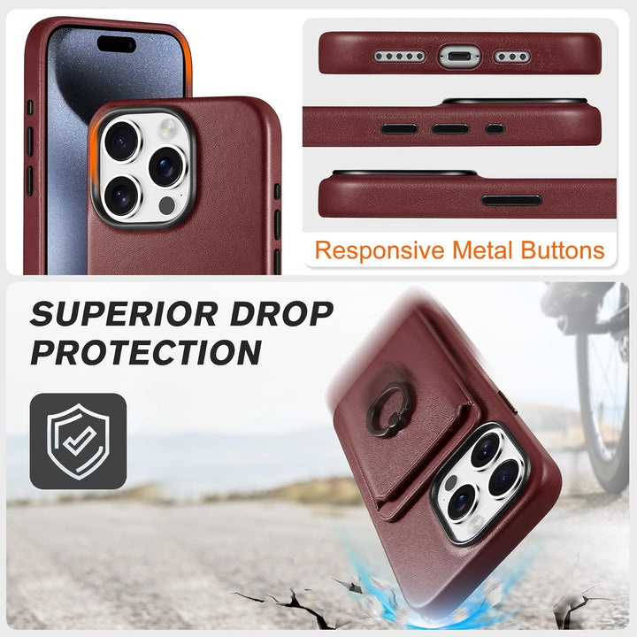 SHIELDON Hülle für iPhone 15 Pro Handyhülle Handy Kartenhalter [Echtleder] [2-IN-1 ] [Kabellos Aufla