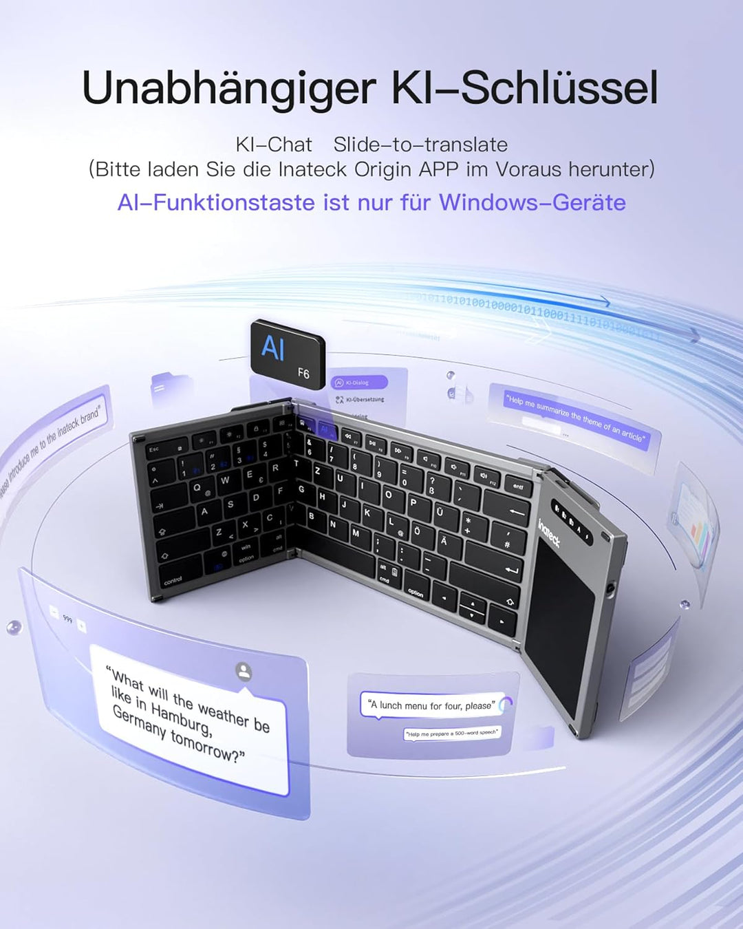 Inateck Faltbare Tastatur, KI-Tastatur mit Touchpad, Bluetooth Wireless Mini-Tastatur, Pocket-Tastat