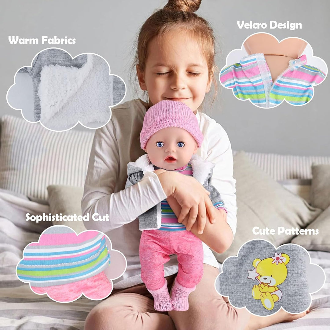 Baby Puppen Puppenkleidung 35-43 cm 1 graue Jacke + 1 gestreifter Pullover + 1 Strickmütze + 1 Paar