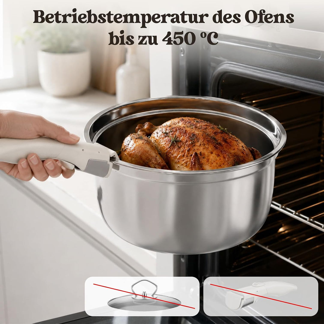 Edelstahl Töpfe Set mit Abnehmbaren Griff, 9 pcs antihaftbeschichtete Induktionskochtöpfe mit Deckel