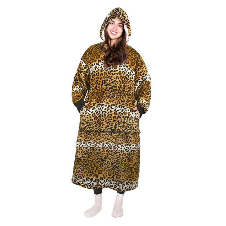 Extra Lange Sherpa Hoodie Decke Ghepard, Flauschige Übergrosse Kuscheldecke mit Ärmeln und Kapuze, W