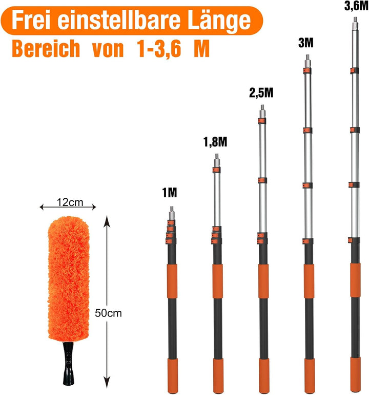 3,6M Staubwedel Teleskop Waschbar, Spinnwebenbesen mit Teleskopstiel, Fensterabzieher zum Reinigen v