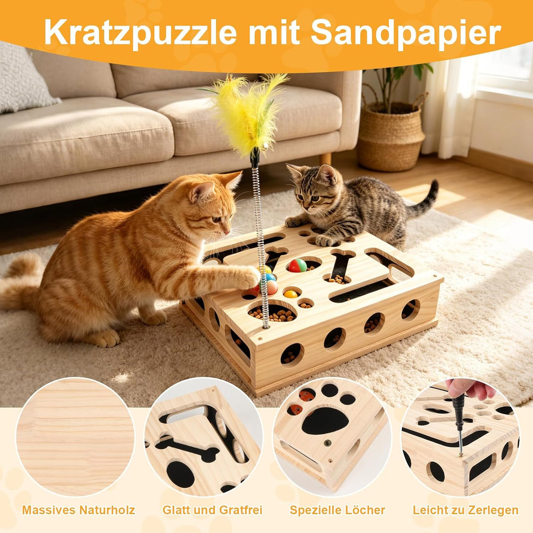 2-in-1 Kratzpuzzle Katzen Set, Katzen Kratzbrett mit Sandpapier, 3 Glockenbällen， Feder und 4 Antiru