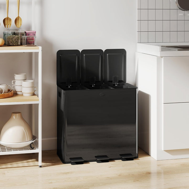 HOMCOM Mülleimer Küche 3 x 20 L Treteimer mit Softclose-Deckel und Pedal Mülltrennsystem 3 Fächer in