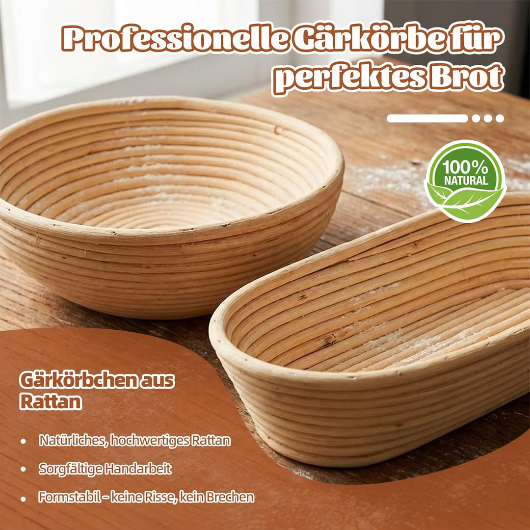 Sauerteig Starter Set, Gärkörbchen – 23cm Rund & 25cm Oval Brotkörbchen, Gärkorb Brot Aus Rattan Gef