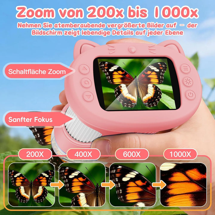 Tragbares Mikroskop für Kinder, 1000x Digitales Handmikroskop Kinder mit 2,4 Zoll IPS Bildschirm, Fo