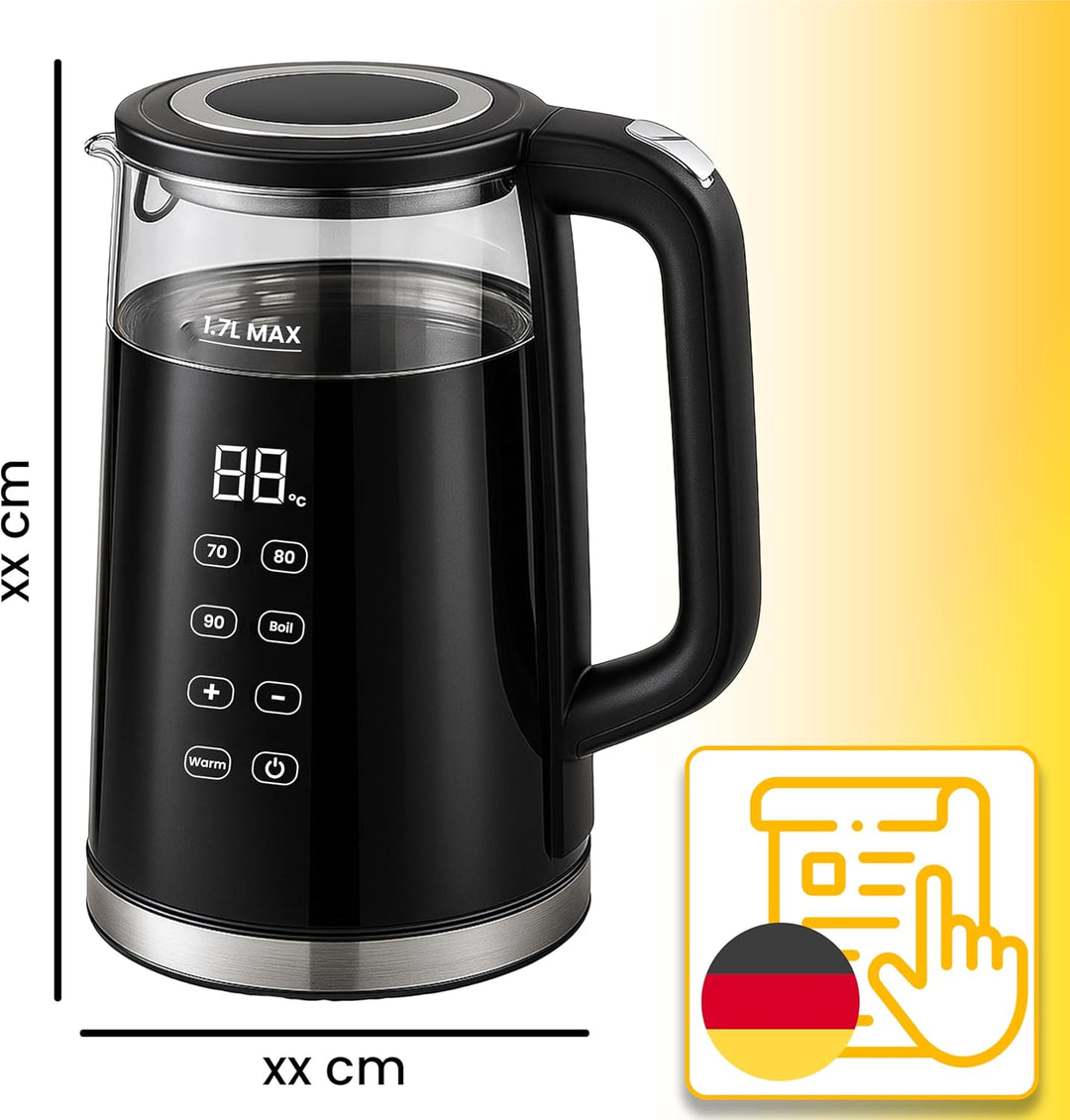 Retoo Glas Wasserkocher 1.7L mit Temperatureinstellung Elektrisch, 2200W, BPA-frei, 70–100°C, Touch-