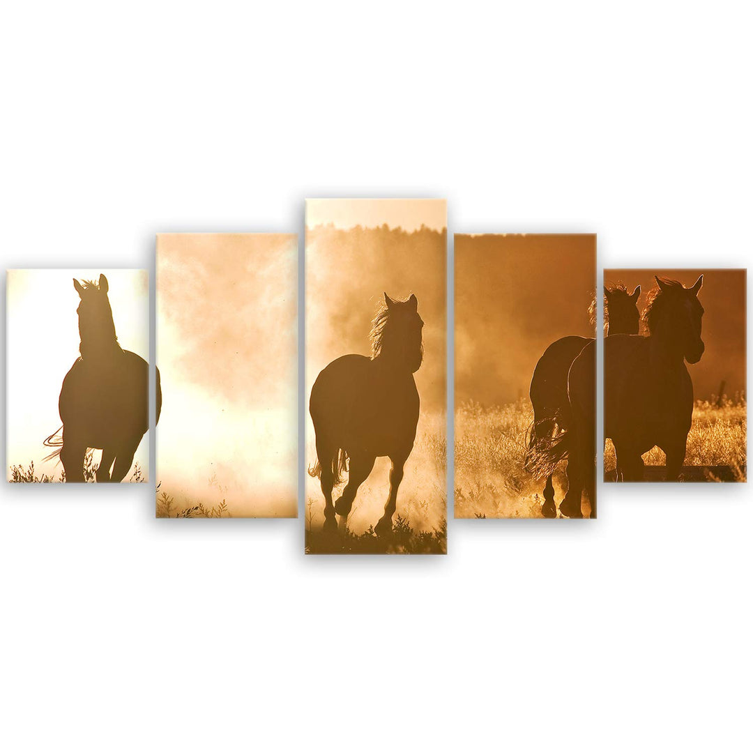 ge Bildet Bild auf Leinwand | Landschaftsbilder - horses at dawn M in 100x50 cm mehrteilig als Wandb