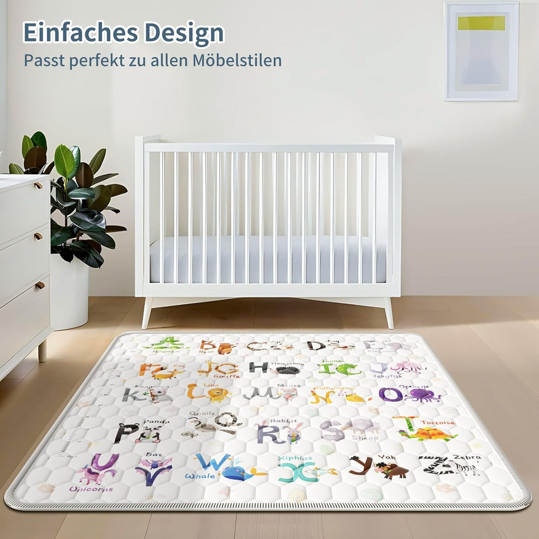 Krabbelmatte Baby 127x127cm, Verdickte Spielmatte Baby Faltbar mit 26 Buchstaben, Tierdrucke und Höh