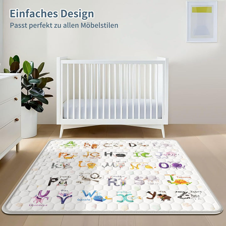 Krabbelmatte Baby 127x127cm, Verdickte Spielmatte Baby Faltbar mit 26 Buchstaben, Tierdrucke und Höh