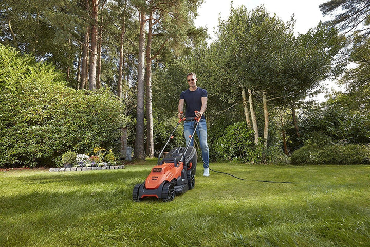 Black+Decker Elektro-Rasenmäher mit Fahrradlenker-Griff (1.400W, 34cm Schnittbreite, 6-fach Höhenver