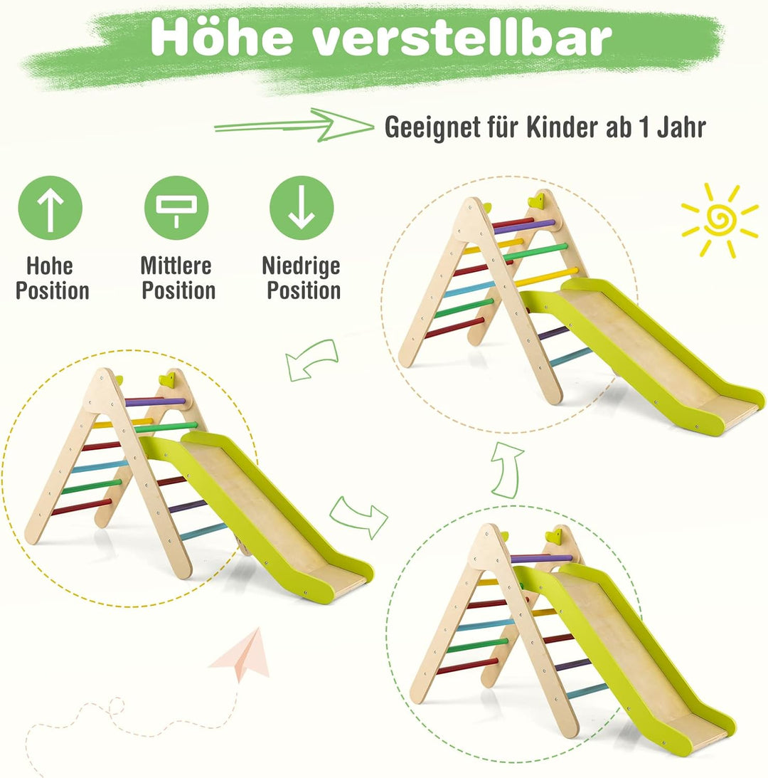 COSTWAY Kletterdreieck mit Rutsche, Klettergerüst aus Holz, Sprossendreieck zum Rutschen und Kletter