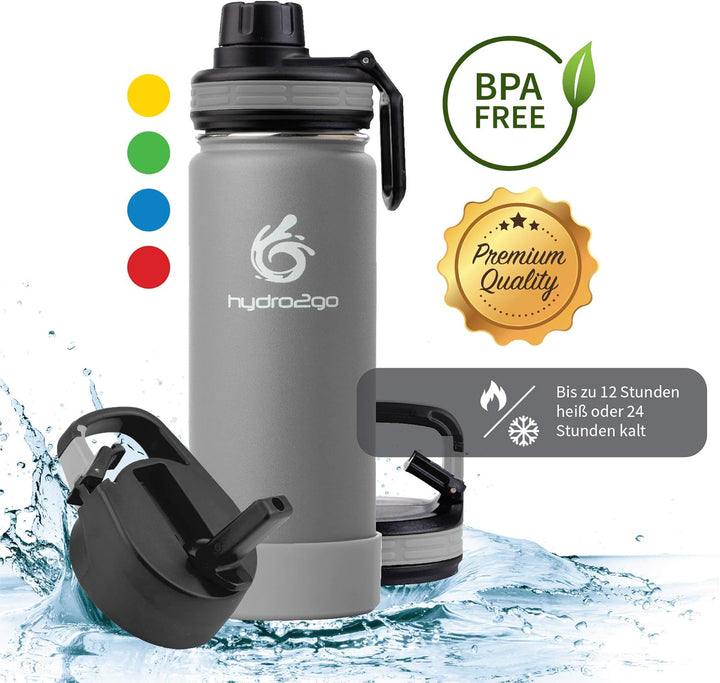 hydro2go ® Trinkflasche aus Edelstahl 500 ml / 0.5 Liter - für Kinder, Schule, Sport, Fitness & Outd