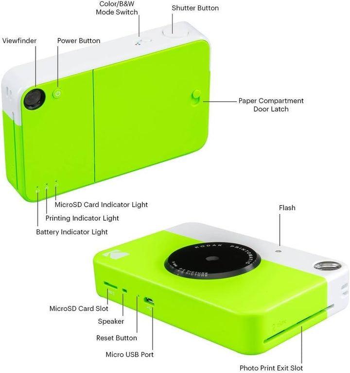 KODAK Printomatic Sofortbildkamera (Grün) Basis-Paket + Zinkpapier (20 Blätter) Etui + Bequemer Hals