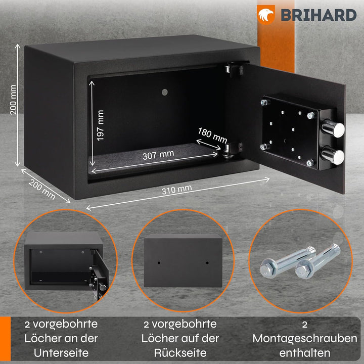 Brihard Home Tresor Safe mit Doppelbartschloss - 20x31x20cm Sicherheits-Safe 11 L - Titangraue kratz