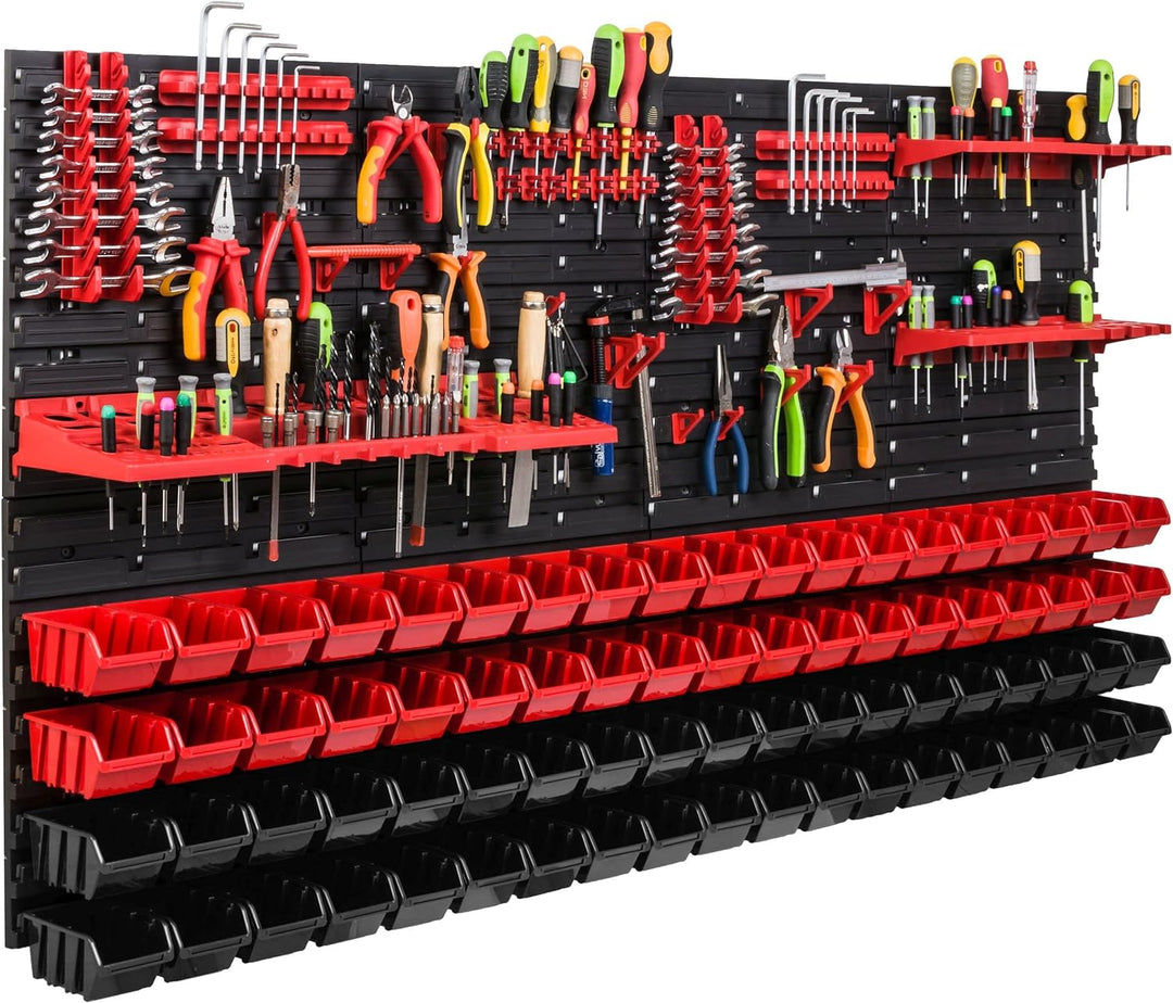 Lagersystem Werkstattregal | 156 x 78 cm | 76 stck. Box | Wandregal mit Werkzeughalterungen und Stap