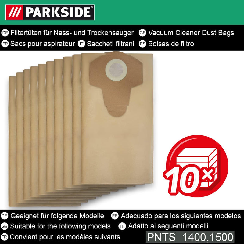 10 Original Parkside Lidl Staubsaugerbeutel für Nass-Trocken-Sauger PWD 25, 30, PNTS 23, 30, 1400, 1