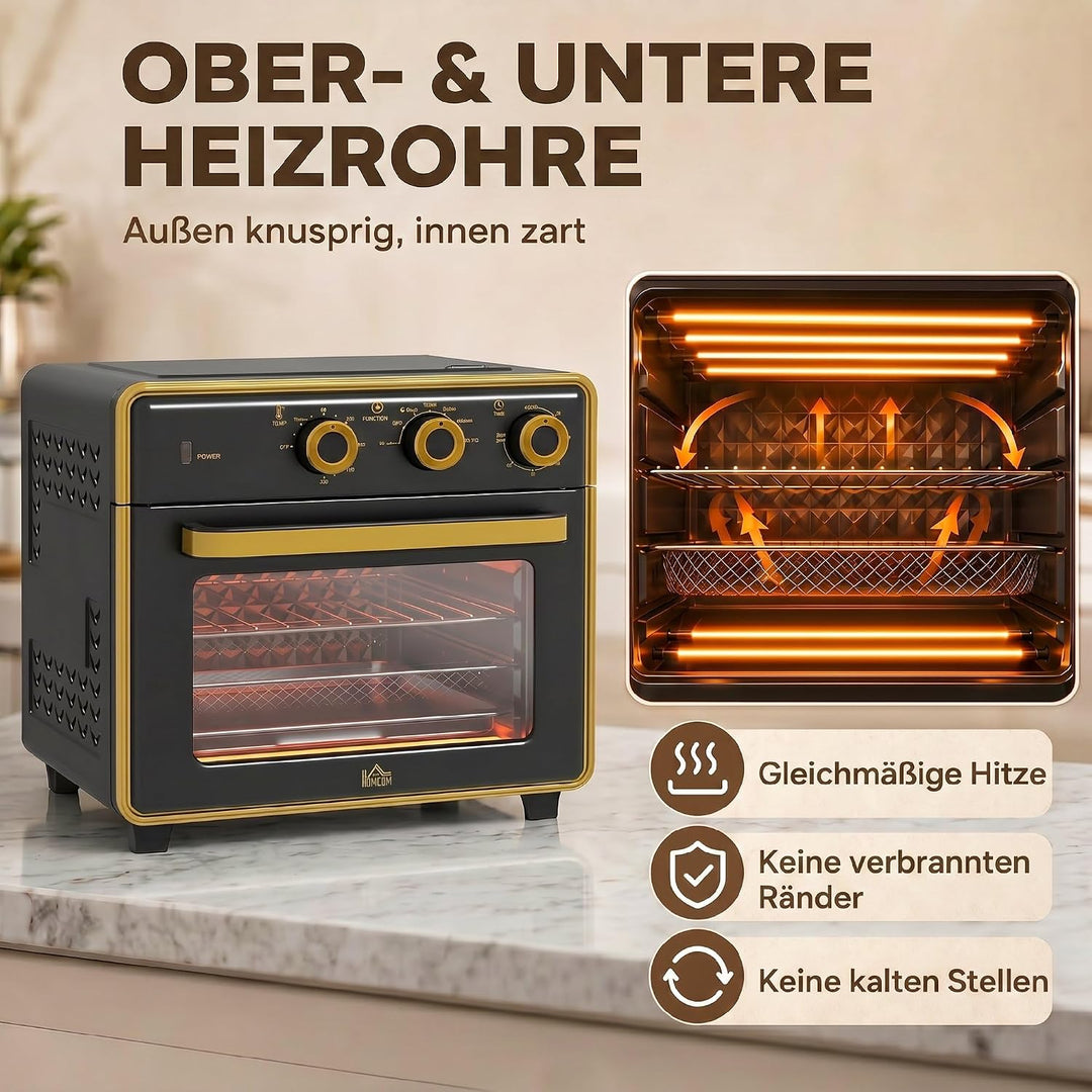 HOMCOM Minibackofen 20L, 5 in 1 Pizza-Ofen inkl. Backblech Set, Frittierkorb, Krümelblech, 1 Std. Ti