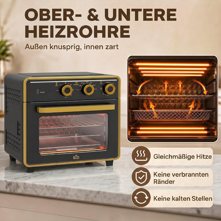 HOMCOM Minibackofen 20L, 5 in 1 Pizza-Ofen inkl. Backblech Set, Frittierkorb, Krümelblech, 1 Std. Ti