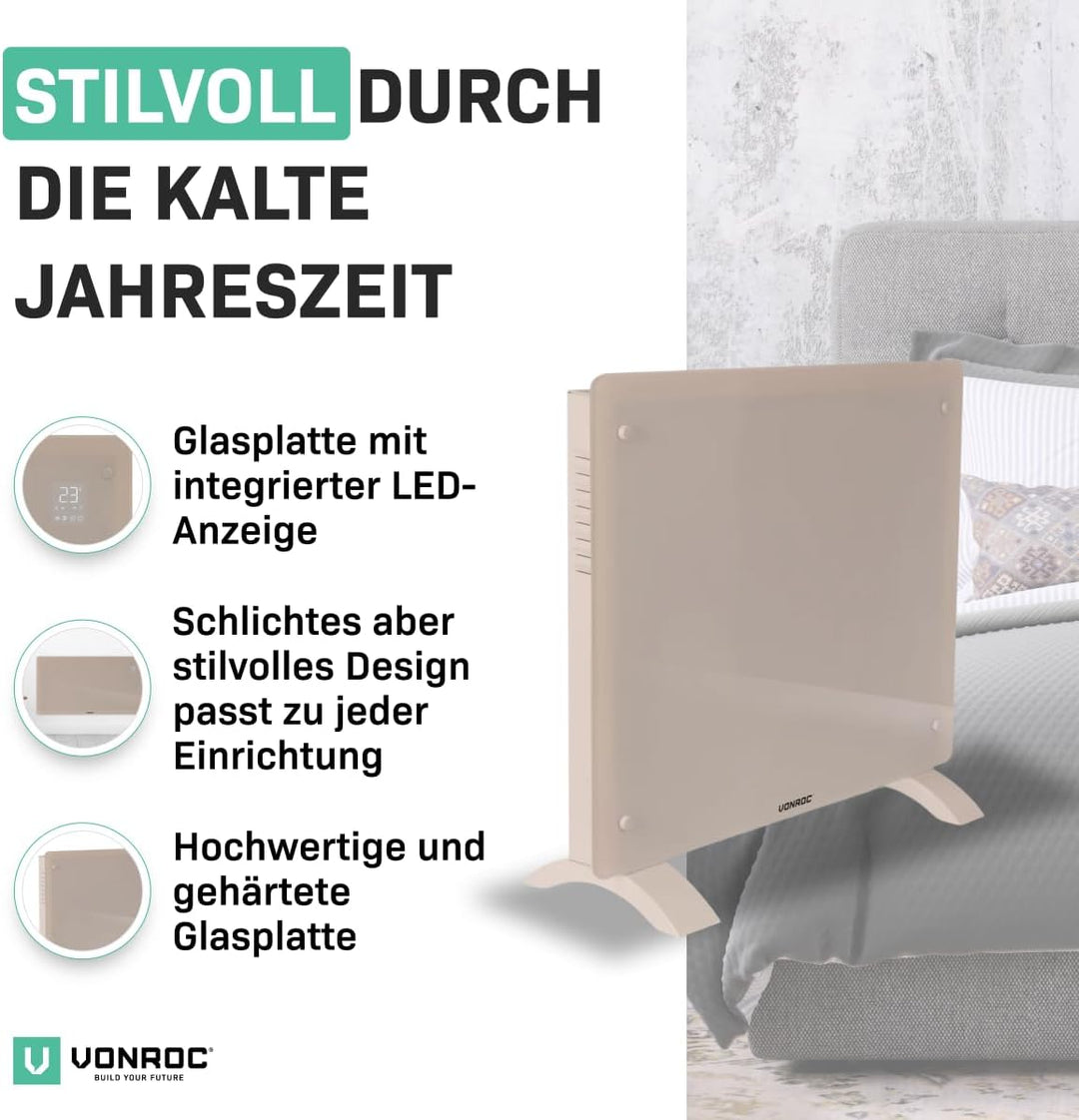 VONROC Elektroheizung energiesparend 1000W - Konvektor Heizung [12qm Räume] - Mobile Elektrische Hei
