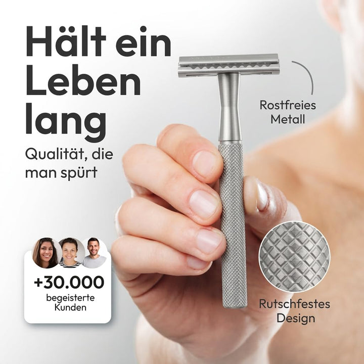 Rasierhobel Silver Edition - Set mit Ständer und 5 ASTRA Klingen - Zero Waste Rasierer aus Metall 4.