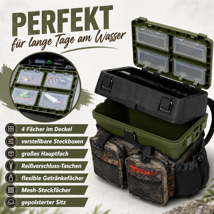 Sitzkiepe Angelbox mit 4 Tackleboxen &amp; Sitzpolster Schwarz