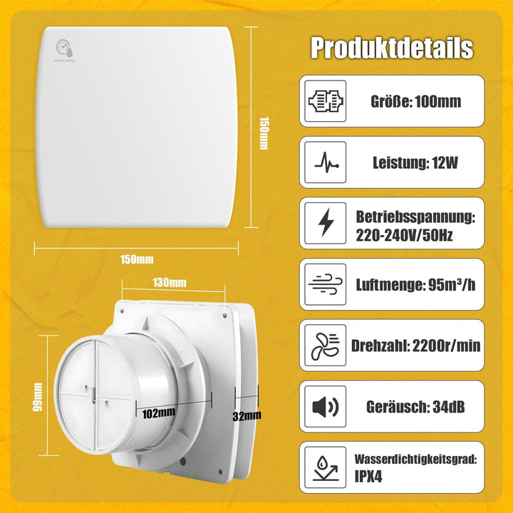 Badlüfter 100mm mit Nachlauf und Feuchtigkeitssensor, 12W Abluftventilator mit Rückstauklappe, 95m³/