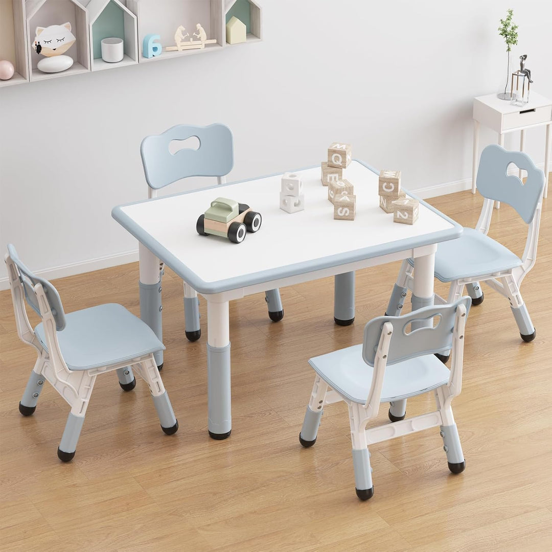 Kindertisch Mit 4 Stühlen, Höhenverstellbare Kinder Tisch Stuhl Set Mit 80x60cm Abwischbarer Tischpl