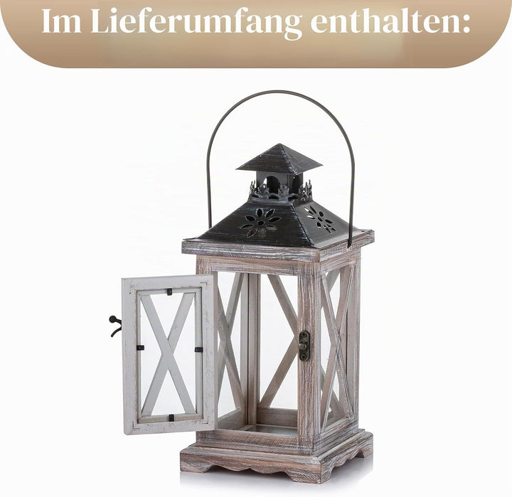 Sziqiqi Laterne Kerzenhalter Vintage Windlicht Laterne Holz Metall Dekorative Windlichthalter für Dr